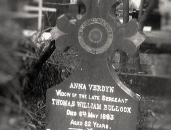 The Grave of Anna Verdyn Anna Verdyn, daughter of Josef Librecht Verduijn of Cochin, and widow of Sergeant Thomas William Bullock buried in the cemetery at St. Thomas' Mount in Madras,...